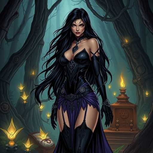 The image depicts a striking, computer-generated woman standing in the center of a dark, eerie forest. She has long, flowing black hair that cascades down to her waist, with a few strands falling over her forehead. Her skin is fair, and she has a serious, almost angry expression on her face. She is dressed in a black leather corset that reveals her cleavage and a purple skirt that extends to her knees, complemented by black thigh-high boots. A black leather choker adorns her neck, from which a teardrop-shaped pendant dangles.

The forest around her is dense with tall, gnarled trees, their branches bare and twisted. The ground is littered with brown, dead leaves, adding to the desolate atmosphere. Scattered throughout the forest are numerous lit candles, some placed on the ground and others on the trees, casting flickering shadows that enhance the spooky ambiance. To the right of the woman, there is a brown podium with a flame on top, and nearby, a small bed with a white pillow and another flame. The overall scene is shrouded in a misty fog, giving it a mysterious and haunting quality.