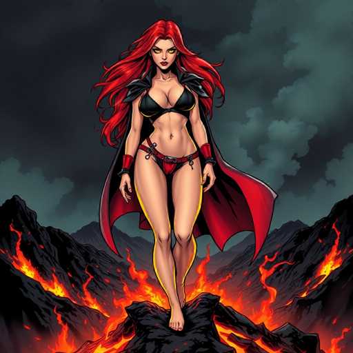 The image depicts a striking female character, likely from a video game or comic book, standing barefoot on a rocky outcrop amidst a fiery volcanic landscape. She has long, flowing red hair and piercing yellow eyes, with a serious expression on her face. Her attire includes a black bikini top and matching bottoms, complemented by a red belt with a black buckle. She also wears a dramatic black and red cape that billows around her, adding to her fierce appearance. Red wristbands adorn her wrists, and a black band is visible around her right thigh. The background features dark, ominous clouds and a sky filled with smoke, enhancing the dramatic atmosphere. Surrounding her are black mountains and rocks, all ablaze with intense orange and yellow flames, creating a hellish environment. The character stands confidently, her hands at her sides, embodying strength and power in this intense scene.