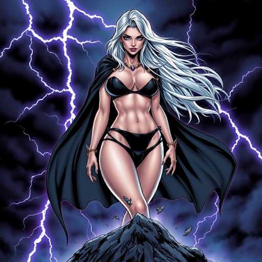 The image depicts a striking female superhero standing atop a jagged mountain peak. She has long, flowing silver hair and is clad in a black bikini with a matching black cape that billows dramatically behind her. Her well-defined abs and toned physique are accentuated by her confident stance. She wears a gold necklace with a purple pendant, and gold bracelets adorn her wrists. Her lips are painted a vivid red, adding to her fierce appearance. Surrounding her are several birds, seemingly drawn to her presence. The background is a dark, stormy sky filled with ominous black clouds, illuminated by multiple lightning bolts striking in various directions. The overall scene exudes a sense of power and intensity, capturing the essence of a formidable superhero in a moment of dramatic repose.