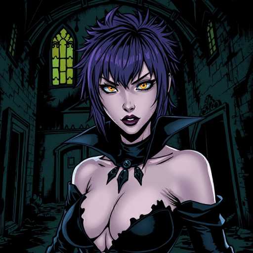 The image depicts a striking female character with short, spiky purple hair and piercing orange eyes. She is adorned in a black dress with a high collar that extends up to her neck, and the dress features a low neckline that reveals a significant amount of cleavage. The character's lips are painted a deep purple, adding to her bold appearance. She is positioned in the center of the image, gazing directly at the viewer.

The background suggests a dark, possibly medieval setting, reminiscent of a dungeon or castle. The walls are constructed from gray stone, and the floor appears to be made of concrete. Behind the character, there are two yellow stained glass windows, one on each side, adding a touch of color to the otherwise somber environment. The overall atmosphere is eerie and mysterious, with the character's intense gaze and the dimly lit surroundings creating a sense of tension and intrigue.