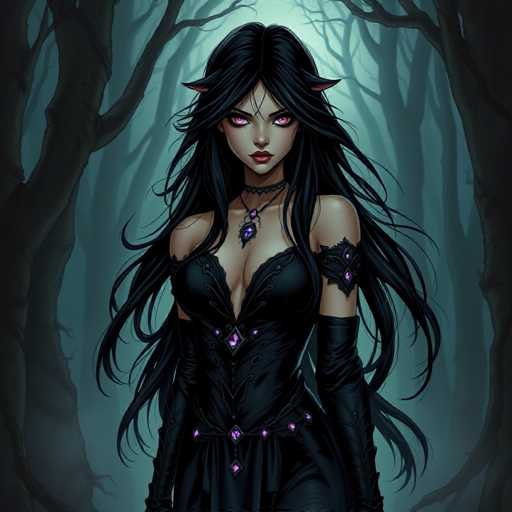 The image depicts a striking female character with long, flowing black hair that cascades down to her waist. Her hair is adorned with small, pointed horns on either side of her head, adding a touch of mystique to her appearance. Her eyes are a mesmerizing pinkish-purple hue, contrasting beautifully with her dark hair. She is dressed in a sleek black dress that features a daring low-cut neckline, revealing a hint of cleavage. The dress is intricately designed with diamond-shaped purple accents that add a touch of elegance and intrigue. Her arms are covered with black gloves that extend up to her elbows, completing her sophisticated and somewhat enigmatic look.