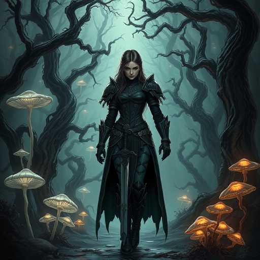 In this detailed fantasy illustration, a young woman with long, dark brown hair stands at the center of a hauntingly beautiful forest. She is clad in a form-fitting, dark green leather outfit that includes a corset, shoulder pads, and a flowing cape. Her attire is accentuated by metal armor on her shoulders, forearms, and boots, and she wields a large sword with a black handle and a silver blade pointed downward. The forest around her is filled with gnarled, leafless trees that stretch their bare branches towards the sky, creating a dark and eerie atmosphere. The ground is covered in a grayish hue, and the forest floor is dotted with glowing mushrooms that emit an orange light, adding a mystical touch to the scene. The woman's expression is stern, and she gazes directly at the viewer, her face illuminated by the ethereal glow of the mushrooms. The overall color palette of the image is dominated by shades of green, black, and gray, enhancing the otherworldly and magical feel of the artwork.