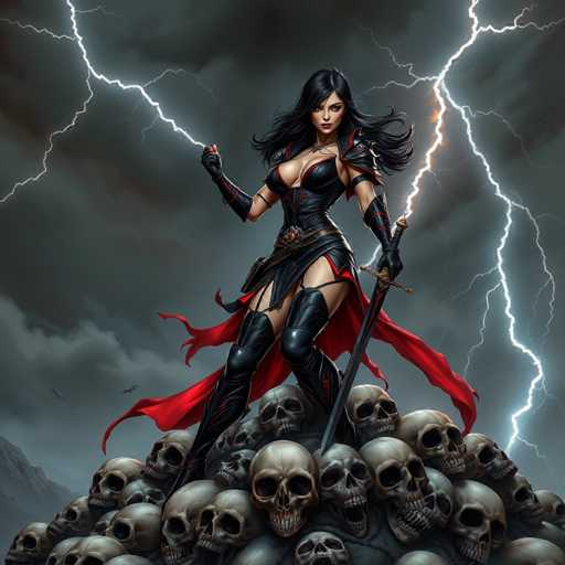 This image depicts a striking, computer-generated female character, possibly from a video game or comic book. She stands atop a mound of human skulls, which are stacked in a pyramid-like formation. The character is dressed in a revealing black leather outfit, accentuated with red trim and a flowing red cape. Her attire includes thigh-high black boots and a black leather skirt that reveals her legs. She has long, flowing black hair and is adorned with black gloves that extend up to her elbows. 

In her right hand, she wields a sword, while her left hand channels a bolt of lightning from the stormy, dark gray sky above. The background is filled with ominous clouds and multiple lightning bolts striking around her, adding to the dramatic atmosphere. The character's pose is dynamic, with one leg slightly forward and her body angled to the right, yet her face is turned towards the viewer, exuding a sense of power and intensity.