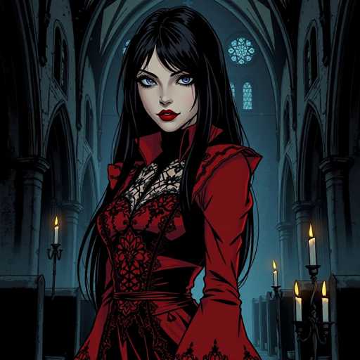 The image depicts a woman with long dark hair wearing a red dress adorned with lace and a corset. She is standing in front of a large window that offers a view into the interior of an old church. The room is filled with candles, creating a warm and inviting atmosphere.