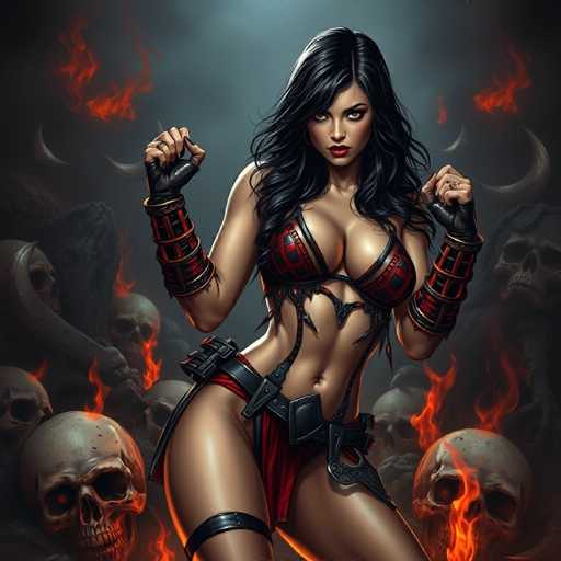 The image depicts a striking, computer-generated female character with long, flowing black hair and a tan complexion. She is dressed in a revealing red and black outfit that includes a bra-like top and a short skirt, complemented by black fingerless gloves and a belt with a holster on her right hip. Her ensemble is accentuated by black straps around her thighs. The character's pose is dynamic, with her fists clenched and raised, exuding a fierce and powerful demeanor. Surrounding her are numerous skulls, some adorned with crescent moon-shaped horns, adding to the dark and ominous atmosphere. Flames rise ominously from the skulls and the ground, enhancing the fiery and intense setting. The background is a mix of dark gray and black hues, with a light source illuminating the top of her head, casting dramatic shadows and highlighting her intense expression.