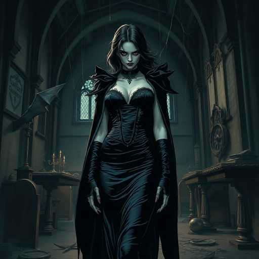 The image depicts a gothic scene set in a dimly lit, abandoned church or castle. At the center stands a pale-skinned woman with long, dark hair cascading past her shoulders. Her eyes are a striking, glowing red, and her lips are painted a deep crimson. She wears a black, lacy dress with a bustier and a high collar, complemented by a long, flowing cape. Her hands are adorned with black gloves that extend to her elbows, and her fingers are long with red-painted nails.

The room around her is in disarray, with debris scattered across the floor. To her left, a broken sword or spear is embedded in the wall, and a candle holder with three lit candles sits on a table. On the right side, a large clock hangs on the wall, and a table lies overturned. The background features arched windows and additional tables, adding to the eerie atmosphere of the scene.