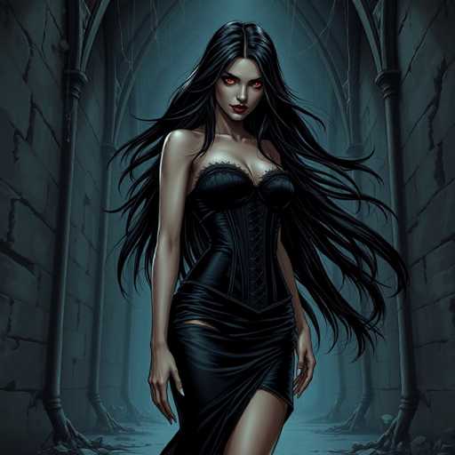 The image depicts a computer-generated, cartoon-like woman with long, flowing black hair that appears to be blowing in the wind. She has striking red eyes and is wearing a black corset with a slit on the side, revealing her leg. Her skin is a light tan, and she has red lips. The woman is standing in the center of a dark, eerie hallway that resembles a dungeon or castle. The hallway features tall, gray stone walls with large arches supported by metal pipes. Cobwebs hang from the ceiling, and the floor is littered with debris, adding to the overall spooky atmosphere. The color palette of the image includes shades of black, gray, blue, red, and tan.