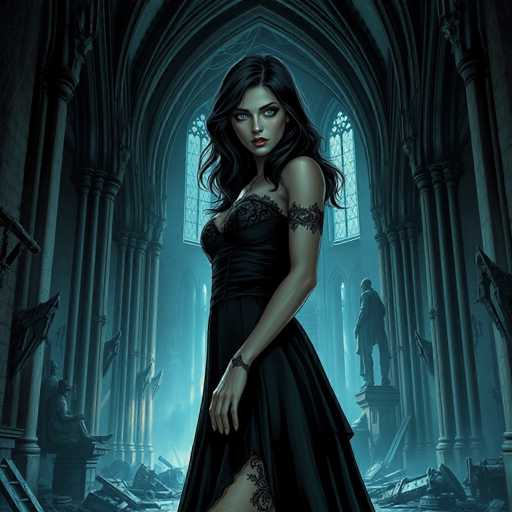 The image depicts a computer-generated, cartoon-like scene set in a grand, ornate cathedral or church. The architecture features tall, arched windows and columns, with statues lining the walls. The floor is littered with debris, including fallen statues and wooden pieces, suggesting recent destruction. In the center of the image stands a woman with long, wavy black hair, dressed in a black lace dress with a cutout on the side. She has blue eyes, red lips, and a black tattoo on her left arm. Her right wrist is adorned with a bracelet. The woman's expression is serious, and she gazes directly at the viewer. Behind her, a man in a long coat stands on a pedestal, observing her. The overall atmosphere is dark and moody, with shades of blue and gray dominating the scene.