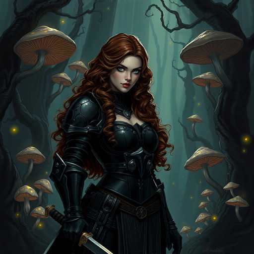 The image depicts a striking fantasy scene featuring a young woman with long, wavy, reddish-brown hair cascading past her waist. She has fair skin, blue eyes, and red lips, and she is dressed in elaborate black leather armor that includes a chest plate, shoulder plates, and a skirt. A sword is sheathed at her side, and she wears black gloves. The woman stands in a mystical forest, surrounded by towering trees with dark, gnarled branches. Large, glowing mushrooms with yellow lights sprout from the trees, casting an ethereal glow throughout the scene. The background is a blend of dark and light green hues, enhancing the otherworldly atmosphere. The woman gazes directly at the viewer, her expression serious and determined, as if she is ready to defend her realm.