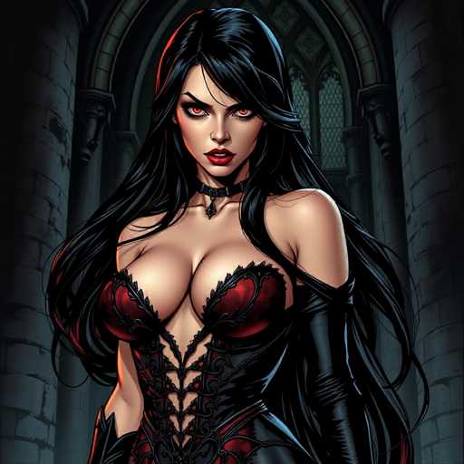 The image depicts a striking female character, possibly from a video game or comic book, set against the backdrop of a grand, medieval-style castle. The castle features towering stone walls, arched windows, and intricate stained glass, all rendered in muted shades of gray and black, creating a somber atmosphere.

At the center of the image stands a captivating woman with long, flowing black hair that cascades down to her waist. Her hair is parted in the middle, framing her face and partially covering her left shoulder. She has mesmerizing red eyes that contrast sharply with her fair complexion, and her lips are painted a vivid red.

Her attire is equally dramatic, consisting of a black choker adorned with a small diamond. She wears a revealing red corset with intricate black lace detailing, which ties up to her neck. The corset is complemented by long black gloves that extend up to her biceps, adding to her enigmatic and alluring appearance.