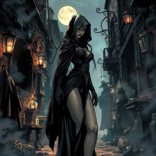 In this detailed digital artwork, a striking woman stands at the center of a cobblestone alleyway, flanked by two imposing buildings. She is adorned in a form-fitting black dress with a hood, which reveals her long, dark hair cascading down to her chest. The dress, featuring a deep neckline and a high slit that extends up to her thigh, accentuates her curvaceous figure. Her attire is complemented by black gloves and a black belt with a prominent buckle. The woman's intense gaze is directed straight at the viewer, her lips painted a vivid red.

The scene is set at night under a full moon, casting a silvery glow over the alley. The buildings on either side are constructed from dark bricks and adorned with numerous lanterns, some of which emit a warm yellow light, while others remain unlit. The left building features a large arched window and a table with a globe, while the right building has a balcony with a similar lantern. The ground is littered with various objects, including a broken vase and a globe, adding to the mysterious ambiance. In the background, partially obscured by shadows, stand two figures dressed in black robes and hats, enhancing the eerie atmosphere of the scene.