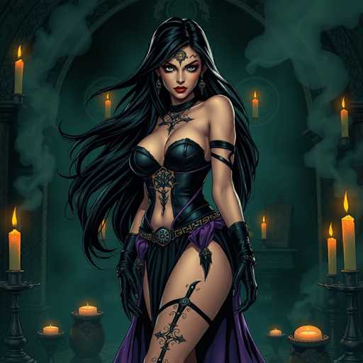 The image depicts a striking, computer-generated female character with long, flowing black hair that cascades down to her waist. She is adorned in a sleek, black leather corset that accentuates her figure, complemented by a purple skirt and a matching purple sash around her waist. Her ensemble is completed with black gloves that extend up to her elbows. Intricate tattoos cover her body, including a prominent cross on her forehead, a design that continues down her chest and onto her right leg. She has a serious expression, with red lipstick and dark eyes, and a black choker adorns her neck. The background is a dark, smoky teal, filled with numerous lit candles in various holders, creating an eerie and mystical atmosphere. The character stands confidently, facing the viewer, with her head slightly tilted, exuding an aura of power and mystery.