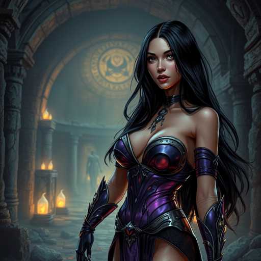 The image depicts a strikingly beautiful woman with long, flowing black hair, dressed in an elaborate purple outfit that accentuates her curvaceous figure. Her attire includes a corset-like top with red and purple hues, adorned with metal straps and a black belt featuring a red jewel. She also wears purple gloves that extend up to her biceps and a black choker with a silver pendant. The woman, who has a tan complexion, is positioned in the foreground, looking directly at the camera with a serious expression.

The background reveals a dark, ancient stone temple or dungeon, illuminated by numerous torches and candles that cast a warm glow on the surroundings. The walls are lined with stone arches and columns, adding to the medieval ambiance. A large circular emblem with a gold border and a bird motif is prominently displayed on the back wall. Additionally, a silhouette of a man can be seen in the distance, walking towards another lit archway. The overall scene is richly detailed, creating a mysterious and enchanting atmosphere.