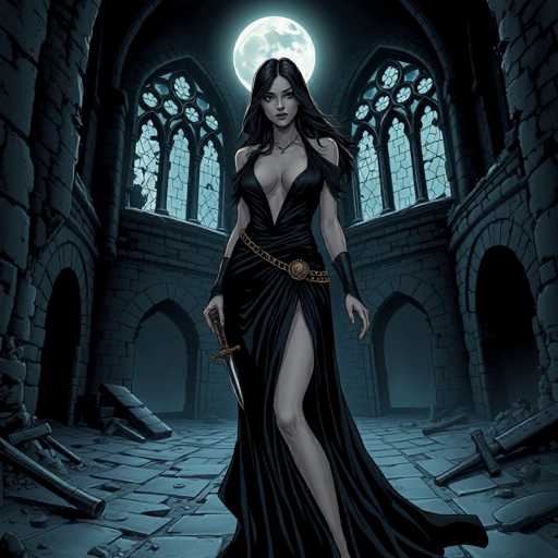 In this detailed digital illustration, a striking woman stands in the center of a dilapidated castle room, bathed in the ethereal glow of a full moon. She is adorned in a long, black dress with a daring slit that reveals her leg, and the dress features a plunging neckline that accentuates her cleavage. Her long, dark hair cascades down her back, and she wears a gold belt with a prominent buckle around her waist. Her arms are adorned with black wristbands, and she holds a sword in her right hand, while her left hand hangs by her side. The room around her is in disrepair, with broken stone archways, scattered debris, and shattered stained glass windows that allow the moonlight to filter through. The atmosphere is dark and mysterious, with the moonlight casting an eerie glow on the scene, highlighting the contrast between the woman's elegant attire and the ruined surroundings.