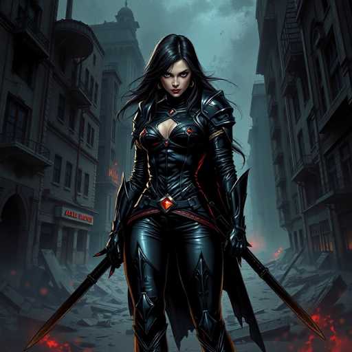 The image depicts a woman dressed in black leather armor and holding two swords crossed in front of her. The background shows an urban setting with buildings and a street lamp.