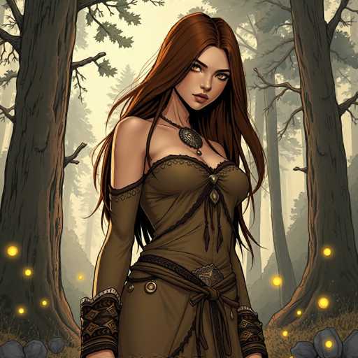 A woman with long brown hair and a necklace stands in front of two trees in a forest, wearing a brown dress and holding a sword.