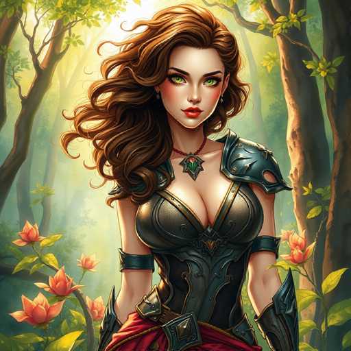 This image is a detailed, computer-generated illustration of a young woman standing in a lush forest. She has long, wavy brown hair that cascades down to her chest, and her striking green eyes are accentuated by her red lipstick. Her face is adorned with rosy cheeks, and she wears a red choker necklace with a star-shaped pendant featuring a green gemstone and a red flower. She is dressed in a black leather corset with gold trim, complemented by a red skirt and a black belt with a diamond-shaped buckle. Her attire includes black leather shoulder pads, bracers on her forearms, and black wrist guards. The forest around her is vibrant, with tall trees and a ground covered in green leaves and pink flowers, creating a serene and enchanting backdrop.