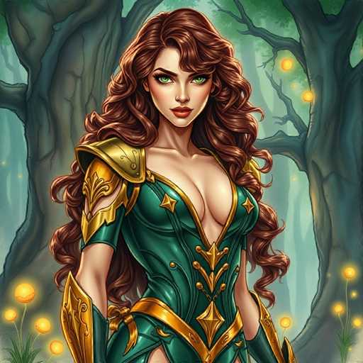 This detailed illustration depicts a striking female character, possibly from a fantasy game or movie. She has long, wavy brown hair cascading down her back and is adorned with a green dress that features intricate gold accents. The dress includes a prominent gold belt, a gold V-shaped design across the chest, and gold shoulder pads. Her attire is complemented by green sleeves and a gold armband on her right arm. The character's green eyes and red lips add to her captivating appearance. She stands in a lush forest, surrounded by tall trees with branches adorned with glowing yellow orbs, creating a mystical ambiance. The scene is further enhanced by the presence of green grass and additional glowing yellow flowers at the bottom of the image, adding to the enchanting atmosphere.