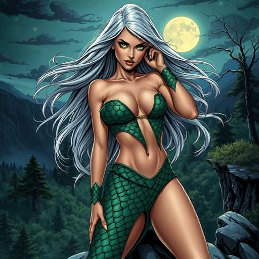 The image depicts a striking cartoon-style female character set against a dark, nighttime forest backdrop. The character, who has long, flowing silver hair and piercing green eyes, exudes a seductive aura. She is dressed in a green, scaly outfit reminiscent of a mermaid or a mermaid-inspired warrior, complete with a bra-like top and a skirt that reveals her legs. Her ensemble is accentuated by green wristbands. She stands confidently on a rocky cliff, with her left hand touching her face and her right hand resting on her hip. The background features a dense forest with tall trees, a prominent dead tree to the right, and a large, glowing yellow moon partially obscured by clouds. The scene is enveloped in a dark blue and green hue, enhancing the mysterious and enchanting atmosphere.