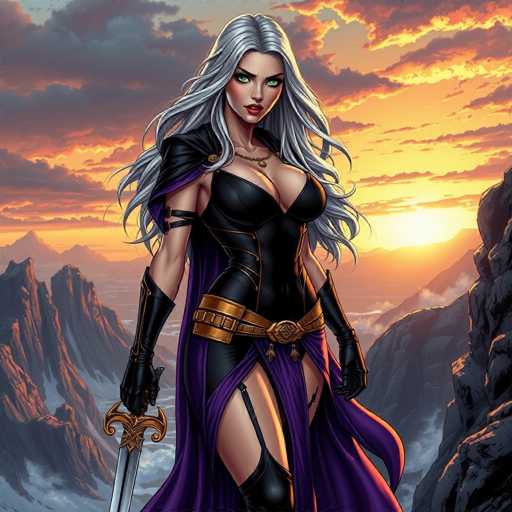 The image depicts a striking female character set against a dramatic, rocky landscape at sunset. She stands confidently, gazing directly at the viewer with piercing green eyes and a bold red lipstick. Her long, flowing gray hair cascades down her back, complementing her fierce expression. She is adorned in a form-fitting black bodysuit that accentuates her curves, featuring a gold belt with a prominent buckle and a purple skirt that adds a touch of regality to her ensemble. A black glove covers her right hand, which she wields to hold a sword pointed downward. Her left arm is adorned with a black strap, adding to her warrior-like appearance. The background is a breathtaking scene of jagged, gray rocks silhouetted against a sky painted in hues of orange and yellow, with the sun setting on the right side, casting a warm glow over the entire landscape.
