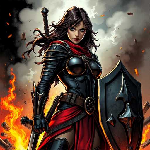 This detailed illustration depicts a fierce female warrior, reminiscent of characters from popular video games like World of Warcraft or The Legend of Zelda. She stands in a dynamic pose, exuding strength and determination. Her long, flowing brown hair cascades down her back, partially obscuring the sword strapped to it. She wears a form-fitting black leather bodysuit, accentuated by a striking red sash that wraps around her neck, chest, and waist. Her attire includes black leather gloves and a belt with a prominent buckle. In her left hand, she wields a formidable black shield adorned with a silver emblem, while her right hand grips a sword. The background is chaotic, filled with swirling smoke, embers, and flames that add to the intense atmosphere. The overall color palette features rich reds, blacks, and silvers, enhancing the dramatic and heroic essence of the scene.