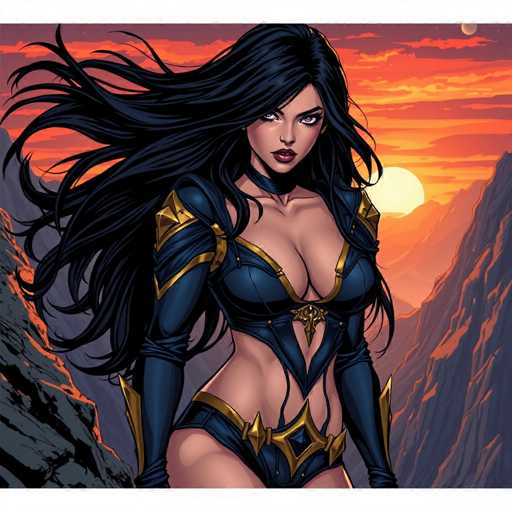 This AI-generated image depicts a striking female character set against a dramatic sunset backdrop. The sky is awash with vibrant hues of orange, yellow, and red, casting a warm glow over the scene. The character stands on a rocky terrain, with jagged mountains framing the background on both the left and right sides. The sun is partially obscured by the mountain on the right, adding depth to the composition.

The woman has long, flowing black hair that appears to be caught in a gentle breeze. Her eyes are a captivating shade of blue, and her lips are painted a bold red. She is dressed in a form-fitting blue bodysuit adorned with intricate gold accents. The bodysuit features a V-neckline that plunges down to her belly button, revealing a hint of cleavage. Gold trim outlines the suit, with additional gold accents on her shoulders and around her hips. The suit is designed to be revealing, showcasing her toned midriff and legs.

Her arms are covered by long blue sleeves that extend to her wrists, where gold accents continue. The overall effect is one of both allure and strength, perfectly complementing the dramatic natural setting.