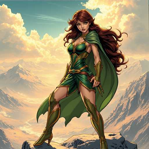 This detailed illustration depicts a female superhero standing on a rocky outcrop, overlooking a vast mountainous landscape. She has long, flowing red hair and is adorned in a striking green dress with gold accents. The dress features a bustier top, a belt, and a skirt that extends to her thighs. Complementing her outfit, she wears green boots with gold trim and a flowing green cape. Her ensemble is completed with gold wrist guards. The superhero's expression is one of determination as she gazes into the distance. The background showcases a serene blue sky with white clouds, and the sun casts a warm glow over the entire scene, highlighting the mountains and the sky. The overall composition is vibrant and dynamic, capturing the essence of a powerful and majestic superhero in a moment of contemplation.