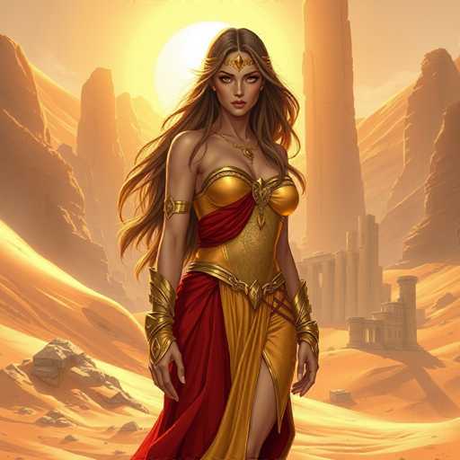 The image depicts a strikingly beautiful woman with long, flowing brown hair, adorned with a golden headpiece that extends down to her forehead. She is dressed in an elaborate gold gown, accentuated by a red sash that elegantly wraps around her waist and drapes down the front. Her attire is further embellished with golden wristbands and a matching armband, adding to her regal appearance. The woman stands in a vast desert landscape, with the sun shining brightly behind her, casting a warm glow over the scene. In the background, ancient ruins and towering rock formations are visible, adding a sense of mystery and historical depth to the setting. The overall composition exudes a sense of timeless beauty and ancient grandeur.