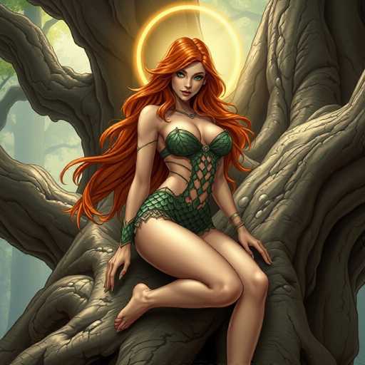 The image depicts a striking, AI-generated fantasy character with long, flowing red hair cascading down to her waist. She is dressed in a green, scaly outfit reminiscent of a mermaid or a forest nymph, complete with a lacy, corset-like top and shorts. Her attire is accentuated by a gold chain necklace and bracelets on her left arm. The character's blue eyes and red lips add to her enchanting appearance. She is barefoot, with her right leg bent and her left leg extended, and she is seated on a massive, gnarled tree trunk that dominates the background. The tree, with its thick, grayish-brown bark and numerous branches, stretches from the bottom to the top of the image, creating a dense forest setting. Behind her, a glowing yellow halo hovers, adding a mystical aura to the scene. The overall composition, with its rich details and vibrant colors, evokes a sense of otherworldly beauty and fantasy.