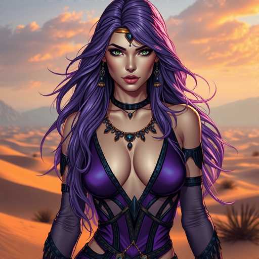 The image depicts a strikingly beautiful woman with long, flowing purple hair that cascades down to her waist. She has captivating green eyes and is adorned with a gold headband featuring a blue jewel at its center. Her lips are painted a vibrant red, adding to her allure. She is dressed in a purple outfit that accentuates her large bust and is complemented by a choker necklace with blue jewels. Her arms are covered with purple sleeves that extend from her elbows to her wrists, and she wears a black belt with a gold chain hanging from it. The background showcases a serene desert landscape with orange sand dunes and sparse green plants, under a sky painted in hues of orange and blue, suggesting either a sunrise or sunset.