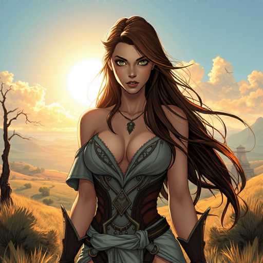 The image depicts a woman with long brown hair and green eyes standing in the center of a field under a clear blue sky. She is wearing a dress that matches her hair color and has a necklace around her neck. The background features a sunset over mountains, adding to the overall atmosphere of the scene.