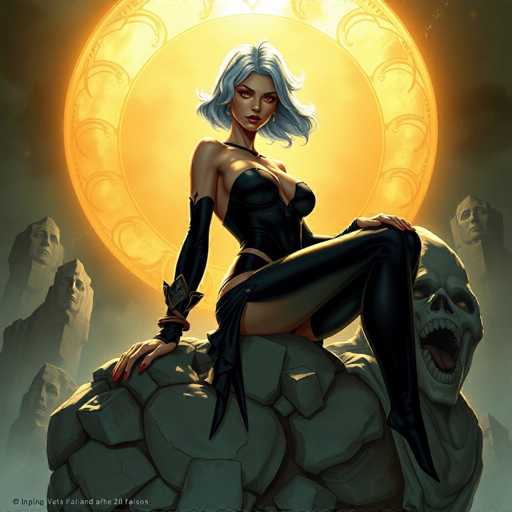 The image depicts a striking cartoon character with short gray hair and intense red eyes, exuding a powerful presence. She is dressed in a sleek black outfit that accentuates her curvaceous figure, complemented by long black gloves that extend up to her biceps. Her ensemble is completed with thigh-high black boots. The character is seated on a massive gray rock, which features a menacing skull with its mouth wide open, revealing sharp teeth and a protruding tongue. Surrounding the rock are several other gray rocks, each adorned with intricate carvings of faces. The backdrop is dominated by a large, radiant yellow circle, resembling a sun, which casts a warm glow over the scene.