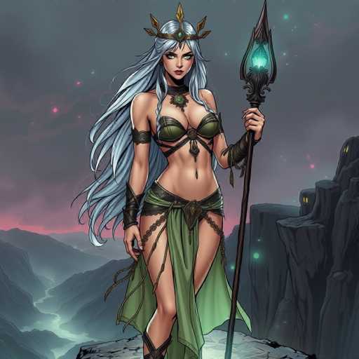 The image depicts a striking cartoon-style female character standing on a rocky cliff, set against a dramatic backdrop of dark gray clouds and distant mountains. She has long, flowing silver hair cascading down her back and wears a golden crown adorned with a green jewel. Her attire includes a green bra-like top and a green skirt that extends to her knees, leaving her midriff exposed. She also sports black armbands and a necklace with a green jewel. In her left hand, she holds a staff with a glowing green orb at the top, emitting a mystical light. The scene is further enhanced by the ethereal glow from the orb and the green dots scattered in the sky, adding to the otherworldly atmosphere.