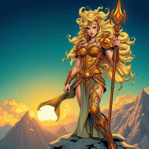 The image depicts a striking female warrior standing on a rocky outcrop, set against a dramatic backdrop of a sunset sky. She is adorned in elaborate gold armor that covers her chest, waist, and legs, with a flowing green skirt that extends to her knees. Her long, wavy blonde hair cascades down her back, and she wears a golden headband that complements her armor. In her left hand, she holds a golden staff topped with a pointed, diamond-shaped ornament, while her right hand grasps a piece of cloth that appears to be part of her armor. The warrior gazes directly at the viewer with a determined expression. Behind her, the sky transitions from a deep blue at the top to a warm yellow near the horizon, dotted with clouds. The scene is framed by jagged mountain peaks on both sides, with the sun setting between them, casting a golden glow over the landscape.