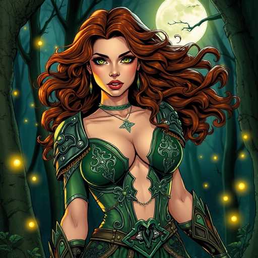 The image depicts a woman with long red hair and green eyes wearing a green dress adorned with gold accents and a necklace featuring a large pendant. The woman is standing in front of a full moon, surrounded by trees that cast light on her figure.
