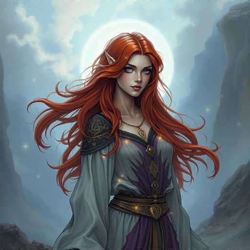 This detailed digital illustration depicts a young, elven woman with long, flowing red hair that cascades down to her waist. She has striking blue eyes and pointed ears, characteristic of elves. Her attire is a light gray dress adorned with a purple flame-like pattern on the chest, secured by a gold belt with a prominent buckle. Around her neck, she wears a black necklace with a gold pendant. The background features a light blue sky with a large, glowing white moon partially obscured by clouds, and distant gray mountains. The overall scene is set in a fantasy landscape, with the elven woman standing confidently in the center, exuding a sense of mystery and allure.