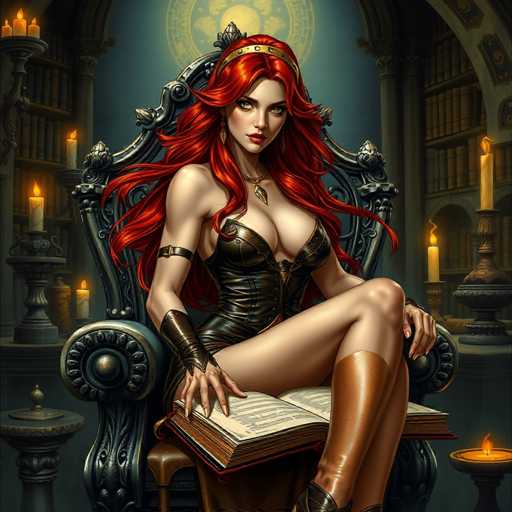 The image depicts a striking, AI-generated fantasy scene featuring a woman with long, flowing red hair adorned with a gold headband. She sits confidently on a dark, ornate throne that appears to be made of black metal or stone, with intricate carvings and a high backrest. The woman is dressed in a tight, black leather corset that accentuates her large breasts and long legs. She wears knee-high brown boots and a leather armband on her right arm. Her pose is both alluring and commanding, with her left leg crossed over her right knee, and her right hand resting on an open book placed on her lap. Her left hand is placed on the armrest of the throne. The background is dimly lit, featuring a blue wall with a circular yellow design and flanked by tall bookshelves filled with books. Candles in ornate holders are scattered around, adding to the mystical atmosphere. The overall scene exudes a sense of power and enchantment, reminiscent of a character from a fantasy novel or video game.