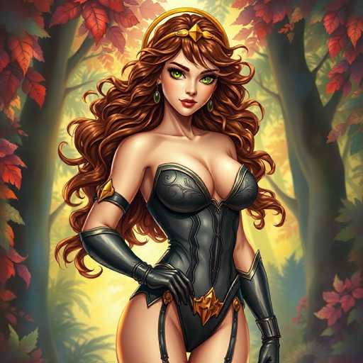 The image depicts a highly detailed, AI-generated illustration of a seductive woman standing in the center of a forest. She has long, wavy brown hair cascading down to her waist and striking green eyes. Her attire is a black corset with intricate floral designs, complemented by black gloves that extend up to her biceps. A gold belt with a prominent star-shaped buckle cinches her waist, and a black band with a gold star adorns her upper arm. Her ensemble is completed with green earrings that match her eyes. The woman's pose is confident, with one hand resting on her hip and the other hanging by her side. Surrounding her are tall trees with red and orange leaves, creating a vibrant autumnal backdrop. The scene is bathed in a yellow light, enhancing the enchanting and somewhat mystical atmosphere.