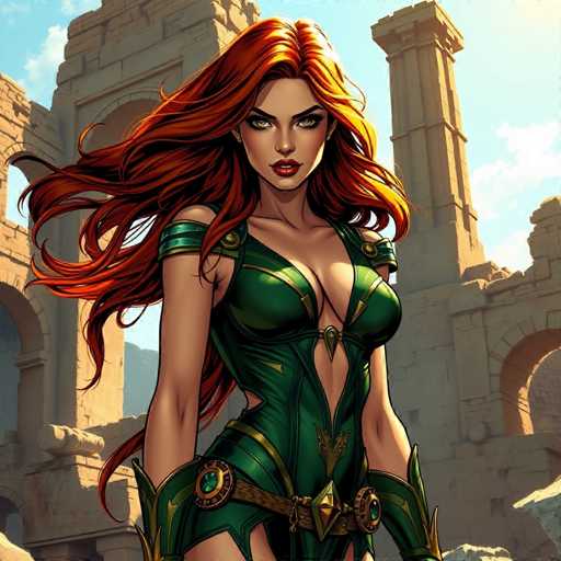 This detailed illustration depicts a striking female character with long, flowing red hair that cascades down to her waist. She is adorned in a form-fitting green bodysuit, accentuated with gold trim that highlights her chest and waist. The bodysuit features a unique design, leaving her arms bare while covering her hands with green gloves that extend up to her elbows. A prominent belt with a large, triangular buckle and a green gemstone at its center cinches her waist, adding to her fierce appearance. Her eyes are a captivating green, and she wears bold red lipstick, enhancing her intense gaze. The background showcases an ancient stone structure, reminiscent of a castle or temple, with visible arches and columns that evoke a sense of historical grandeur. The sky above is a clear blue, dotted with a few white clouds, completing the scene with a touch of serenity.