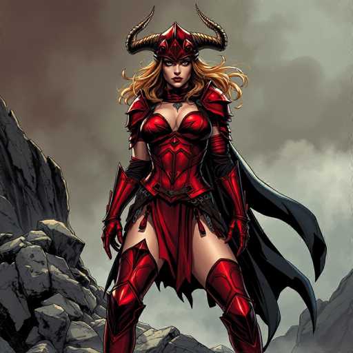 The image depicts a striking female character, likely from a video game or comic book, set against a dramatic backdrop of dark, stormy clouds and rugged gray mountains. She stands confidently in the center, her long, wavy blonde hair cascading down to her shoulders. Her attire is a form-fitting, red leather outfit that accentuates her curves, complete with a helmet adorned with two large, brown horns. She wears red gloves that extend to her elbows, a black belt, and red boots that reach up to her thighs. A black cape flows behind her, adding to her imposing presence. The overall scene is intense and foreboding, with the character exuding a fierce and powerful aura.
