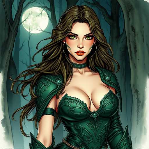 The image depicts a woman with long brown hair and green eyes wearing a green dress adorned with gold accents. She is standing in front of a full moon, surrounded by trees that cast shadows on the ground. The background features a dark blue sky with white clouds.