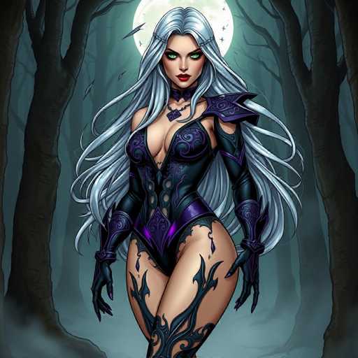 The image depicts a striking cartoon character of a woman with long, flowing white hair that cascades down to her waist. She has piercing green eyes and is adorned with a purple necklace featuring a square pendant. Her attire is a revealing black and purple corset-like outfit that exposes her cleavage and much of her legs, which are decorated with intricate black vine-like patterns. She wears long black gloves that extend up to her biceps, and a choker around her neck. The character's lips are painted a vivid red, adding to her fierce appearance. She stands in a dark, eerie forest with bare trees silhouetted against a full moon, creating a mystical and somewhat sinister atmosphere. The ground beneath her is covered in fog, enhancing the overall mysterious and enchanting vibe of the scene.