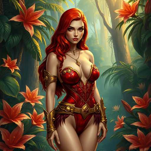 The image depicts a striking, AI-generated woman with long, flowing red hair that cascades down to her waist. She has a fair complexion and captivating brown eyes that gaze directly at the viewer. Her lips are adorned with a bold red lipstick, enhancing her intense expression. She is dressed in a revealing red corset, intricately detailed with gold accents and adorned with a triangular pendant at the center of her chest. The corset features a deep V-neckline that plunges between her breasts, and it is complemented by a gold belt with a prominent star-shaped buckle. Gold armbands encircle her biceps, and matching gold wristbands adorn her forearms, adding to her regal appearance. The background is a lush, tropical forest filled with towering palm trees and vibrant orange flowers, creating a vivid contrast to her striking attire.