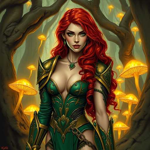 The image depicts a striking fantasy character, a woman with long, flowing red hair cascading over her left shoulder. She has mesmerizing green eyes and is adorned with a green emerald necklace that complements her attire. Her outfit is a form-fitting green dress with gold accents, featuring a bustier top that reveals her cleavage. The dress is detailed with gold trim and includes a chain around her waist, adding to her regal appearance. She also wears green and gold armor on her shoulders and forearms, enhancing her warrior-like demeanor.

The background sets a mystical scene, with a dense forest of towering trees. The trees are illuminated by numerous glowing yellow mushrooms, which cast a warm light throughout the forest, creating an enchanting atmosphere. The woman stands confidently, gazing directly at the viewer, embodying a powerful and alluring presence in this fantastical world.