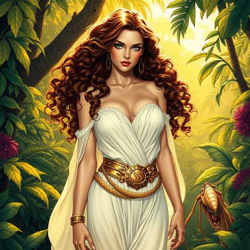 The image depicts a strikingly beautiful woman with long, curly red hair cascading past her shoulders. She has a tan complexion, blue eyes, and is adorned with large gold hoop earrings. Her attire consists of a white dress with a low-cut neckline, complemented by a gold belt and a gold rope around her waist. A sheer white shawl drapes elegantly over her arms. She stands in a lush, tropical jungle setting, surrounded by vibrant green leaves and trees. The background is illuminated by a bright yellow light, possibly from the sun, casting a warm glow over the scene. In the bottom right corner, a large, brown insect with a long beak-like face and two prominent eyes appears to be staring at her. The woman gazes directly at the viewer, exuding a sense of confidence and allure.