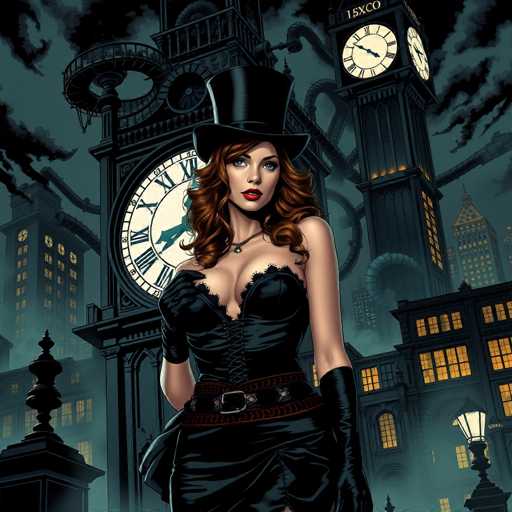 The image depicts a striking, computer-generated scene set in a dark, smoky cityscape reminiscent of Victorian-era London. Dominating the background is a grand, clock-topped tower with Roman numerals, surrounded by other tall buildings with illuminated windows. The sky is a deep blue, filled with swirling clouds and smoke, adding to the mysterious atmosphere.

In the foreground stands a captivating woman with long, wavy brown hair cascading past her shoulders. She wears a tall, black top hat and a revealing, low-cut black dress that accentuates her cleavage. The dress is adorned with lace details and a corset-like front, cinched at the waist with two black belts featuring gold buckles. She completes her ensemble with long black gloves that extend to her elbows.

The woman's pose is both alluring and poised, with one hand resting on her hip and the other slightly raised. Her blue eyes and red lipstick add to her striking appearance, making her the focal point of this evocative, steampunk-inspired illustration.