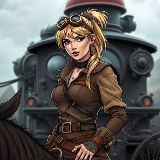 The image depicts a detailed, computer-generated illustration of a young woman with blonde hair styled in a ponytail, adorned with goggles resting on her forehead. She is dressed in a brown uniform, complete with a belt and fingerless gloves, and has a tattoo on her chest. The woman is seated on a horse, with only the horse's tail visible in the bottom left corner of the image. Behind her, a large, black train with a red top and numerous windows dominates the background, set against a cloudy sky. The scene evokes a sense of adventure, reminiscent of a video game or animated series.