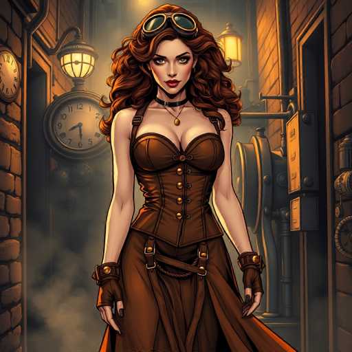 The image depicts a detailed, computer-generated illustration of a woman standing in the center of a dimly lit, industrial-style room. The room features brick walls, a large clock on the left wall, and a door with a lantern above it. The woman, who has long, wavy red hair cascading down to her chest, is wearing a brown corset with gold buttons and a long skirt. She has a black choker necklace with a gold pendant, fingerless brown gloves, and goggles resting on her forehead. Her expression is serious, with red lipstick and dark eye makeup. She stands with her arms at her sides, looking directly at the viewer. The overall color palette of the image includes shades of brown, black, gold, red, and yellow, contributing to the industrial and somewhat mysterious atmosphere.