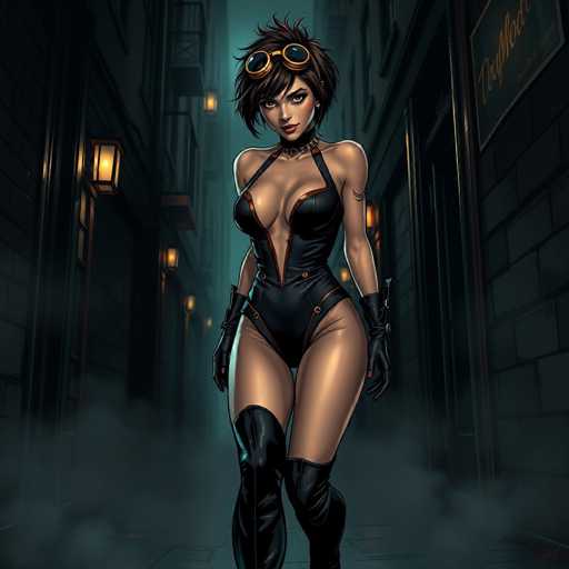 The image depicts a striking, computer-generated female character set against a dark, atmospheric cityscape. She stands confidently in the middle of a narrow alleyway, flanked by tall buildings with illuminated lanterns casting a warm glow. The character has short, spiky black hair and wears a pair of goggles with gold rims perched atop her head. Her attire is a revealing, black one-piece bodysuit with thin straps over her shoulders and a daring cutout extending from her chest down to her crotch. The bodysuit is accentuated with red outlines and features a zipper on the front. She completes her look with long black gloves and thigh-high black boots. The overall scene is shrouded in a smoky haze, adding to the mysterious and dramatic ambiance.