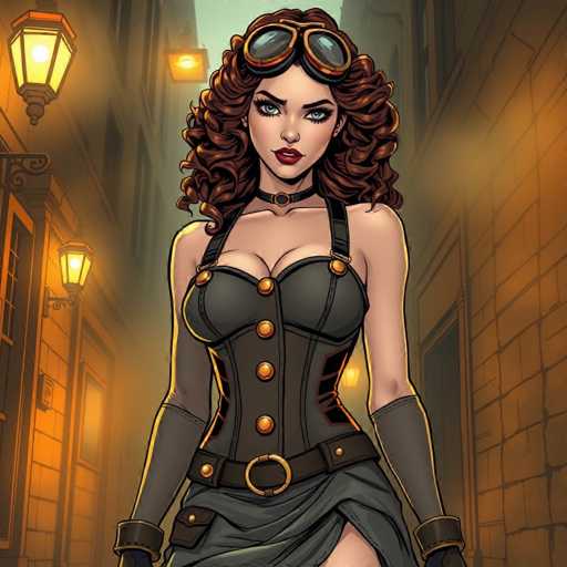 The image depicts a detailed, computer-generated illustration of a woman standing in the middle of a narrow, old-fashioned street. The street is flanked by tall buildings with yellowish brick facades and illuminated by vintage lanterns, casting a warm glow over the scene. The woman, who appears to be in her 20s or 30s, has long, curly brown hair cascading down to her shoulders. She wears a pair of brown goggles with black lenses perched on her forehead and has striking blue eyes and red lipstick.

Her attire is a form-fitting, black corset-like top with gold buttons running down the front, complemented by a black belt with a gold buckle. The corset is paired with a gray skirt that has a slit on the side, revealing her leg. She also sports long, gray gloves that extend up to her elbows. The overall aesthetic of the image is reminiscent of a comic book or video game character, blending elements of adventure and fantasy.
